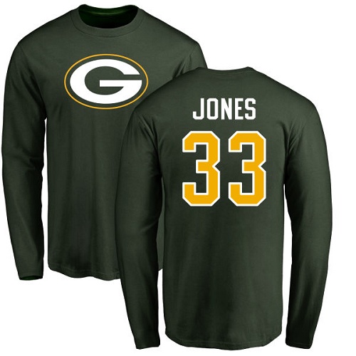 Men Green Bay Packers Green #33 Jones Aaron Name And Number Logo Nike NFL Long Sleeve T Shirt->green bay packers->NFL Jersey